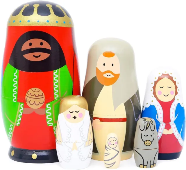 6pcs Handmade Wooden Traditional Russian Matryoshka Nesting Dolls - Holy Family