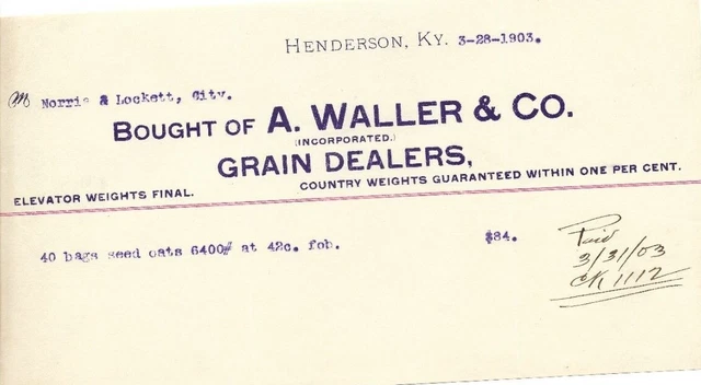 A Waller & Co Henderson KY 1903 Billhead Grain Dealers