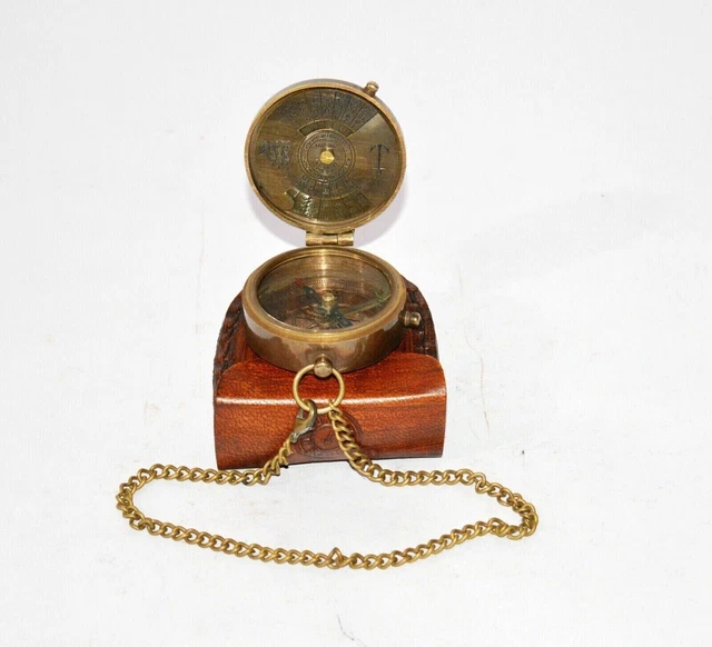 BRASS 100 YEAR Calendar Pocket Compass With Leather Case Antique