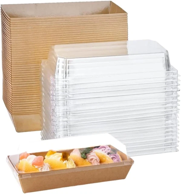 50 Pack Paper Charcuterie Boxes with Clear Lids, 7.5'' Brown Disposable Food Con