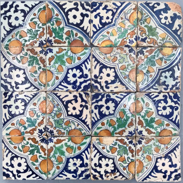 16 Dutch Delft polychrome ornament tiles, early 17th. century.