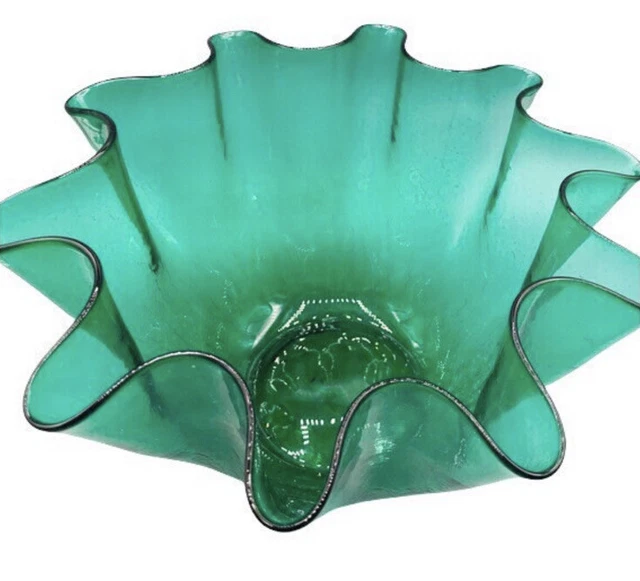 Vintage Large Emerald Green MCM Crackle Art Glass Bowl Heavy, Ruffled