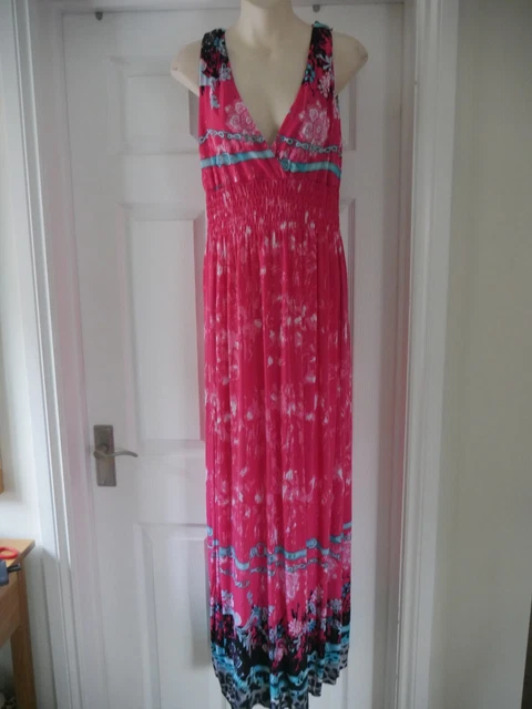 Maxi abito da donna rosa taglia S/M UK 10 12 vacanze estive classico matrimonio festa