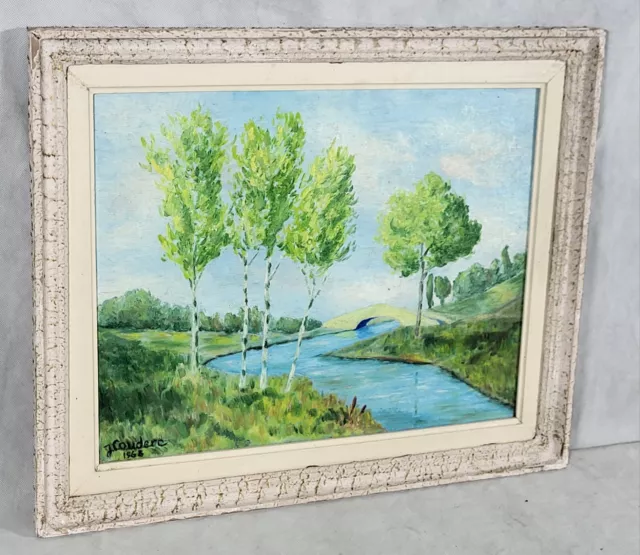 Tableau signé J. COUDERC 1968 Paysage Rivière Pont Peinture huile sur toile.