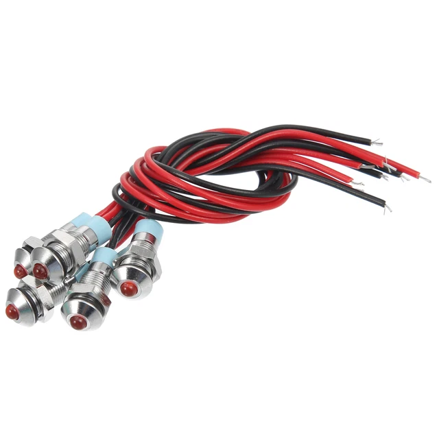 5uds 6mm Interior LED Indicador Luz 12-24V Levantada Cabeza 150mm Rojo