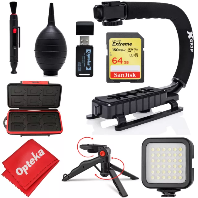 Opteka X-Grip DSLR Camera Handle Rig + Sandisk 64G LED Video Light Kit for Nikon