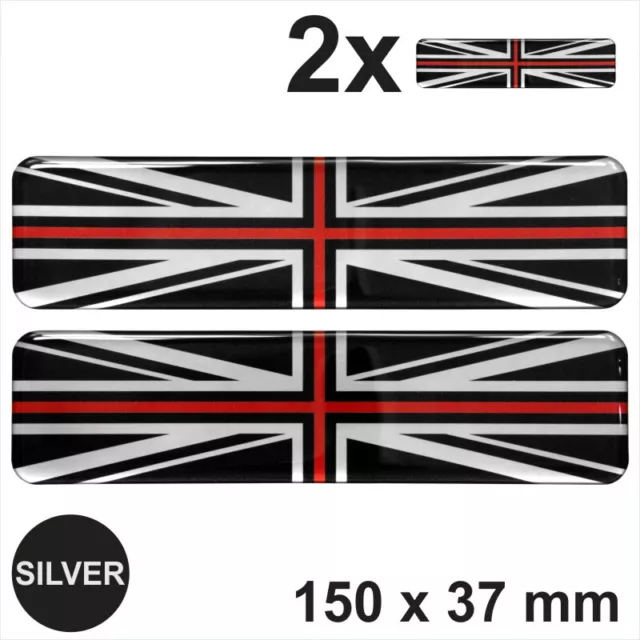 2x Large Black Silver Red Union Jack Flag Domed Gel Finish Stickers Decals 3d UK