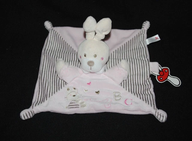 Doudou lapin plat rose ABC NICOTOY KIABI SIMBA carré cœur attache tétine NEUF