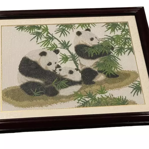 Framed Cross Stitch Needlepoint Art Piece Chinese Pandas Eating Bamboo 20” X 16”