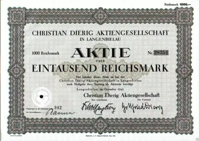 Christian Dierig Aktiengesellschaft 1941 1000 RM