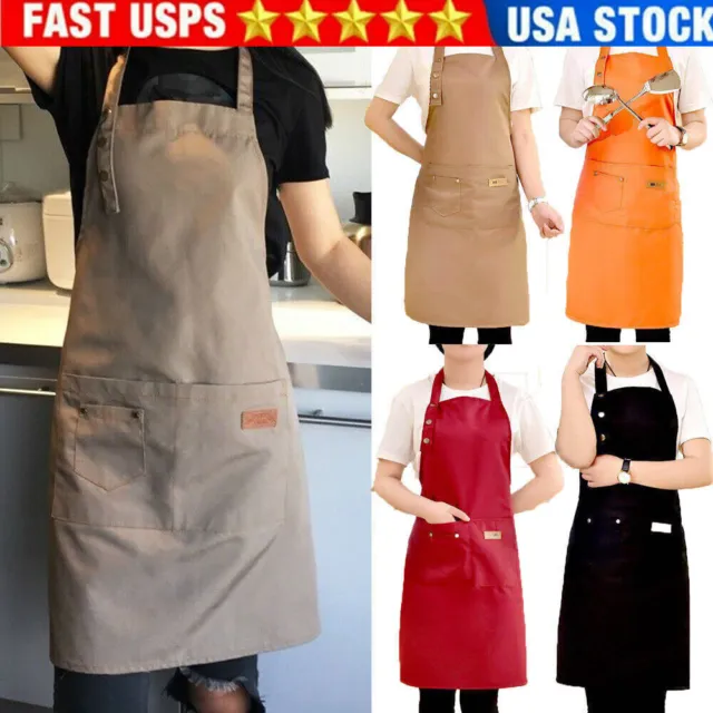 Men Women Cooking Aprons Kitchen Restaurant Chef Bib Apron Dress with 2 Pockets