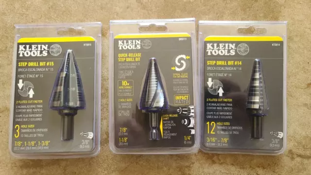 Klein Tools Step Drill Bit 3Pc. Set , Ktsb15 , Ktsb14 ,& Ktsb11, New
