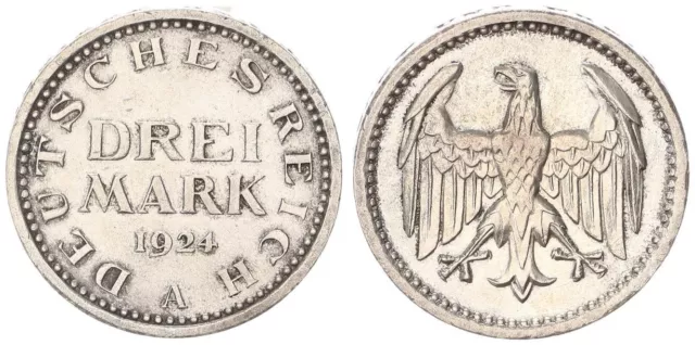 WEIMAR 3 Mark 1924 A Fehlrpägung J.312 Rändelungsfehler UNDRECHT fast  102950