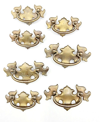 Lot of 7 Vtg Gold Metal Batwing Chippendale Style Drop Bail Drawer Pulls 2 sizes