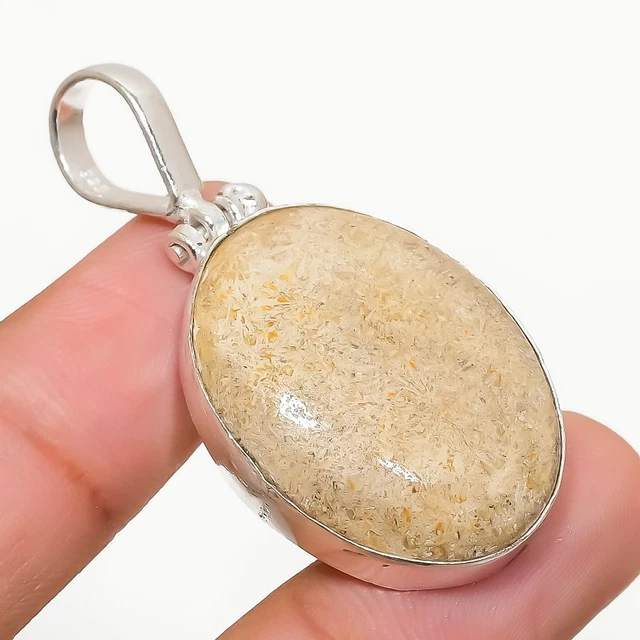 Fossil Coral Gemstone Handmade 925 Sterling Silver Jewelry Pendant 1.93"