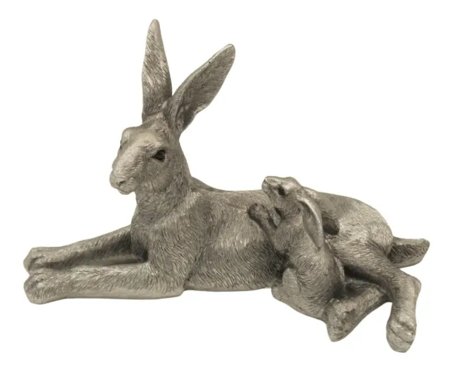 Lepre & Bambino Animale Figurina 18cm Resina Ornamento Argento Spazzolato Trama