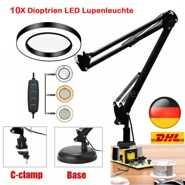 Lupe mit Licht und Ständer 10X, 2-in-1 stufenlos dimmbare LED-Schreibtischlampe