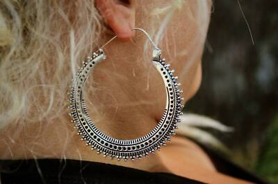 Silver Plated Ethnic Vintage Boho Celine Mandala Brass Hoops Large Earrings Xl33