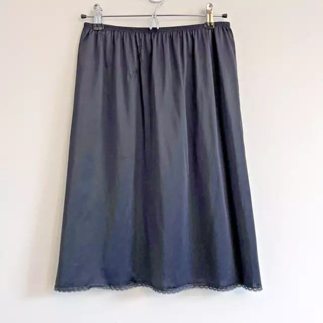 VINTAGE VANITY FAIR Black Half Slip Skirt Silky Nylon Back Slit Lace L