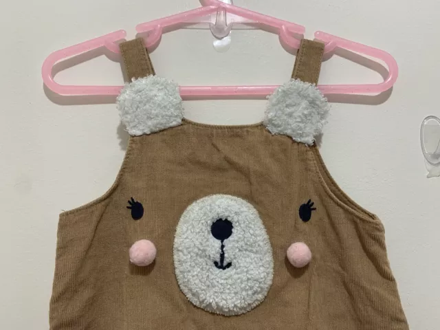 Niedliche Baby Mädchen braune Kordel Teddybär Gesicht Latzhose Shorts Strampler 9-12m 🙂 3