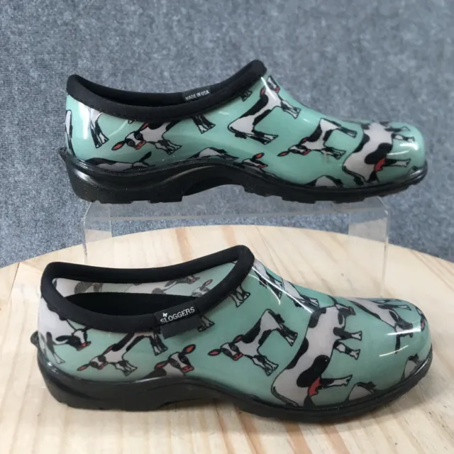 Sloggers Shoes Womens 10 Cow Print Casual Slip On Clogs Flats Green Waterproof