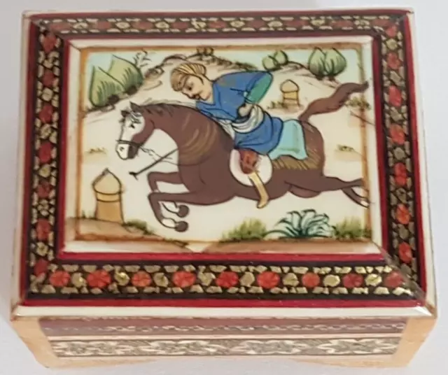 Small Footed Handmade Wooden Trinket Box Inlaid Design Man On A Horse Signed Pv