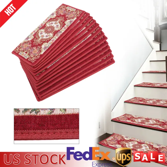 13 Pcs Non-Slip Washable Stair Treads Carpet Rectangular Floral Pattern Mats Red