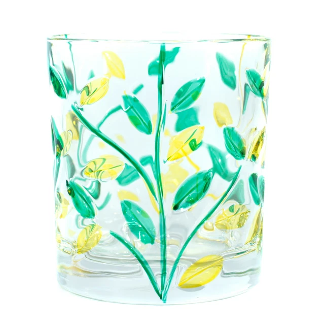 Murano Cristal Bebible Cristal Vaso Verde Amarillo Pintado a Mano Flor 256ml