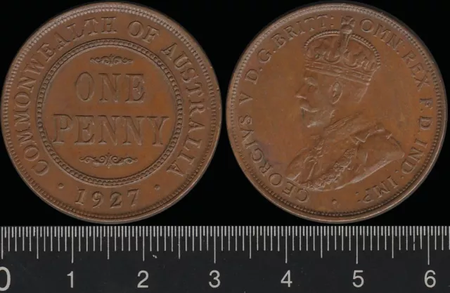 Australia: 1927 One Penny 1d KGV aUNC, Ren cat $225 180 degree obverse die crack