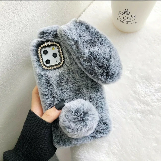 Clair Gris Hiver Chaud Peluche Händyhülle pour IPHONE 11 Kaninschen Flauschigen