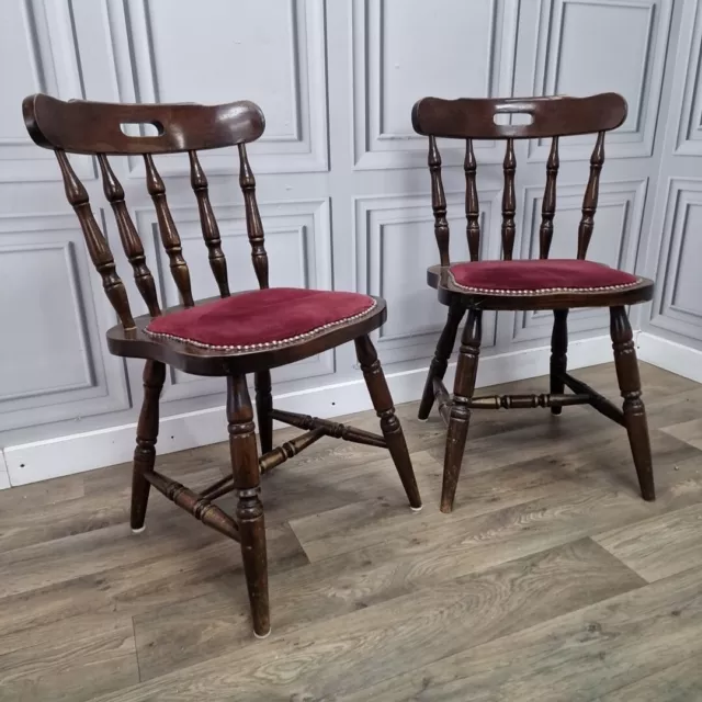 Vintage Pair Of 2 Traditional Bow Back Wooden Upholstered Pub Bar Chairs Seats