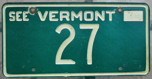 VERMONT License Plate 1972 - 2 Digit Low Number 27