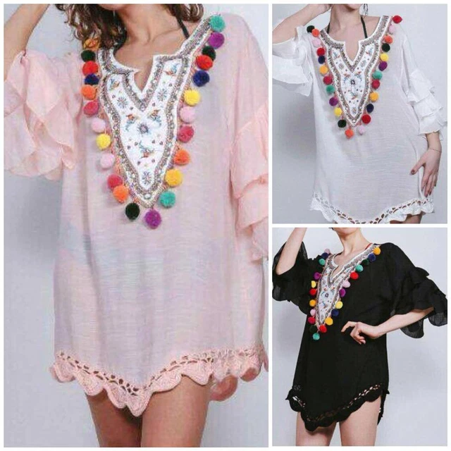 NEUF ROBE FEMME tunique italienne plaine multi pom pom dentelle