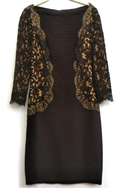 Tadashi Shoji Black Pleated Dress Size M Beige Contrast Lace Sleeve Sheer Lining