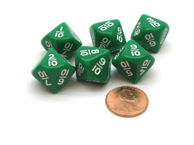 Pack of 6 10 Sided Fraction Math Dice: 1/10 to 10/10 - Green with White Numbers