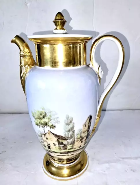 Antique French Empire Old Paris Porcelain Teapot Green & Gold & Landscape c.1850