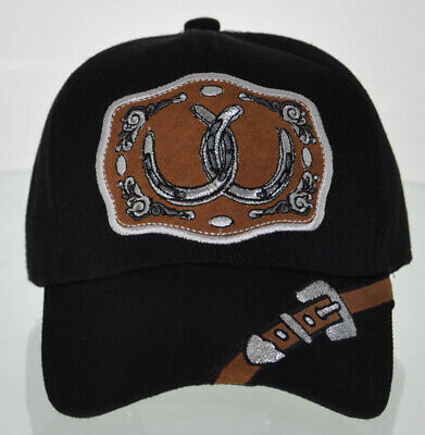 New! Rodeo Cowboy Horse Doble Horseshoe Cap Hat Black