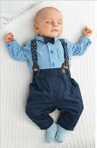 Baby Boy Plaid Shirt Romper Suit Wedding Formal Party Smart Outfit Trousers 10