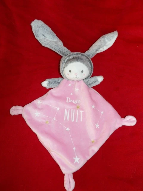 Doudou Plat  MOTS D'ENFANTS Ours Déguisé en Lapin Rose Blanc Gris Douce Nuit