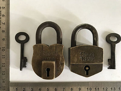 Brass Padlock Or Lock With Key Old Or Antique Small Or Miniature, Pair