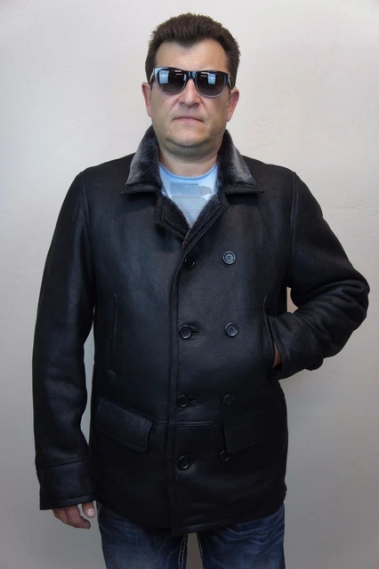 Nero 100% pelle di Pecora Montone Pelle Doppiopetto Caban Cappotto Giacca S-6XL