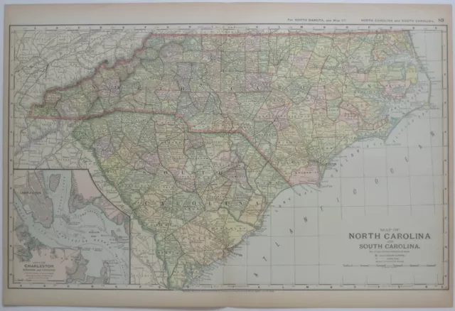Original 1891 Map NORTH & SOUTH CAROLINA Counties Railroads Charleston Asheville