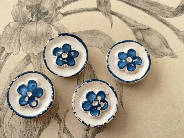 Ensemble de 4 boutons anciens en Céramique - Décor Marguerite - Fleurs - Bleu