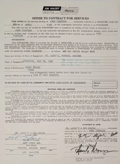 Hank Thompson Signed Autograph Show Contract 1969 Phoenix, AZ Mr Lucky's Country