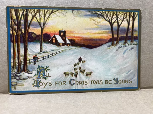 Tuck Postcard Christmas Shepherd Sheep Winter Snow Church Trees