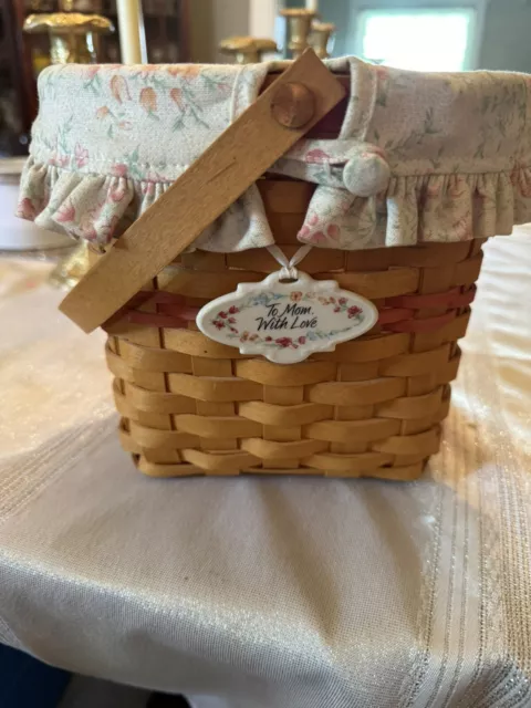 Longaberger 2001 “To Mom With Love" Basket , Liner, Plastic Liner & Tie-On