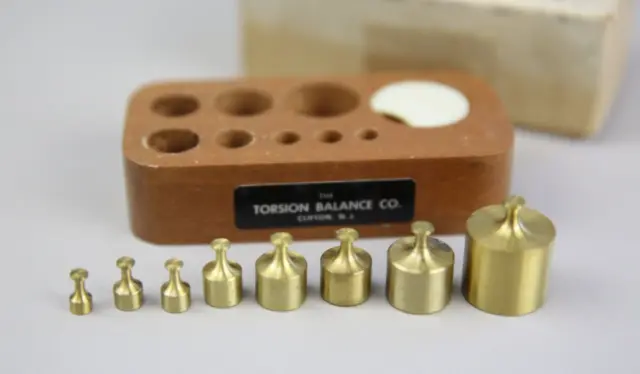 Vintage Brass Torsion Balance Scale Weights w Box apothecary lab precision tool