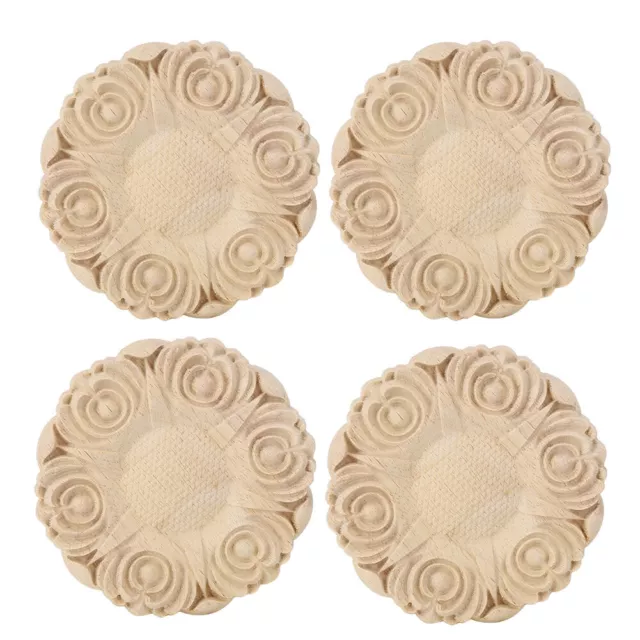 4Pcs 10cm Round Shape Wood Carving Applique For Home Furniture Cabinet (Appli FR 3