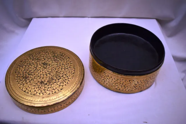 Antique Burmese Betel Nut Box Gilt Lacquerware Myanmar Floral Gold Painted Old"5 6