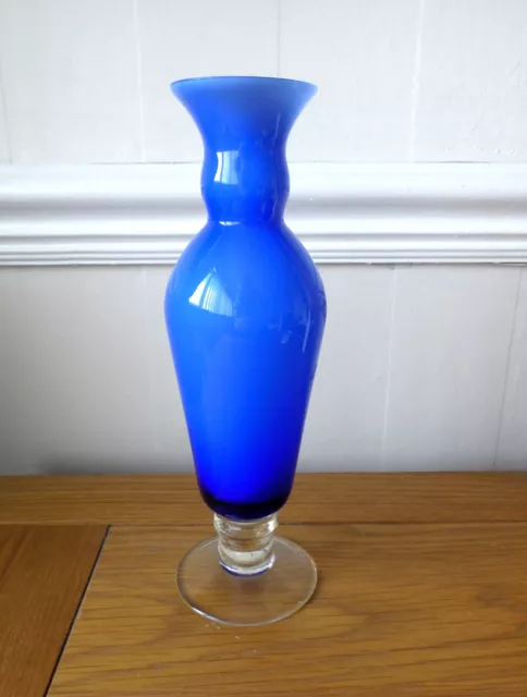 Vintage Blue Cased Art Glass Bud Vase With Clear Pedestal Base 23 cms High